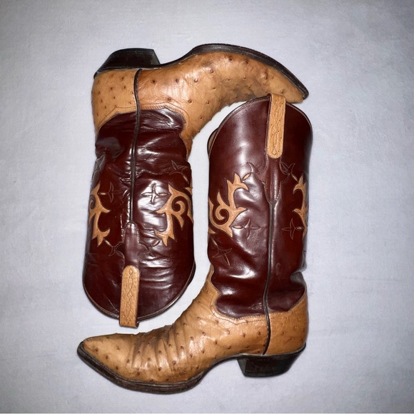 Sterling Brown and Tan Two-Tone Ostrich Leather Pointed Toe Cowboy Boots - Picture 8 of 11